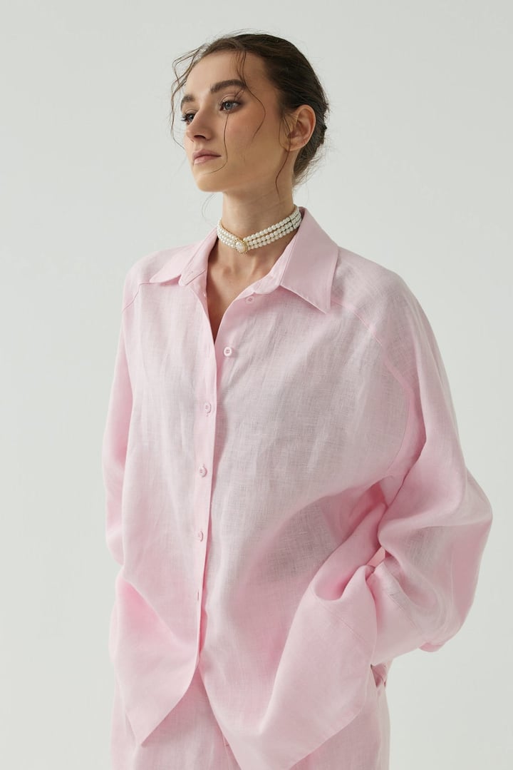 Pembe Oversize Basic Keten Gömlek