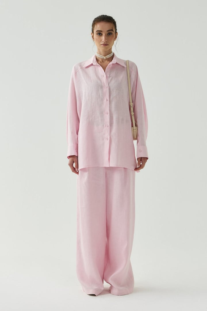 Pembe Oversize Basic Keten Gömlek