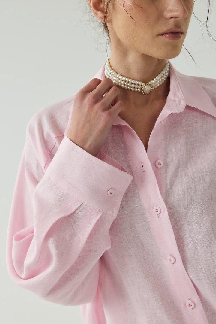 Pembe Oversize Basic Keten Gömlek
