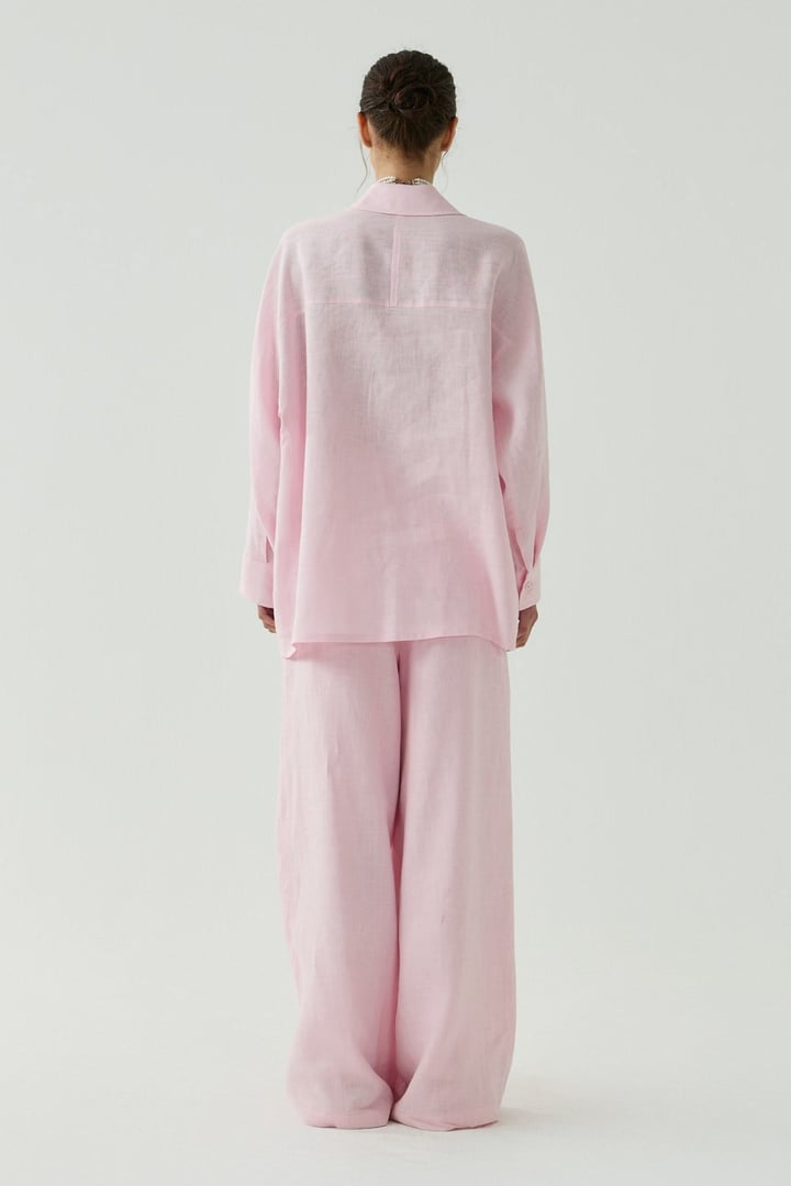 Pembe Oversize Basic Keten Gömlek