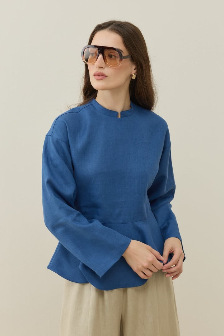 Saks Mavisi Hakim Yaka Peplum Keten Bluz