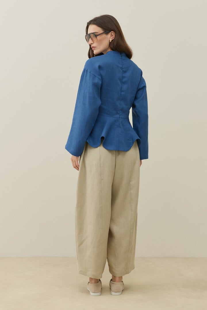 Saks Mavisi Hakim Yaka Peplum Keten Bluz