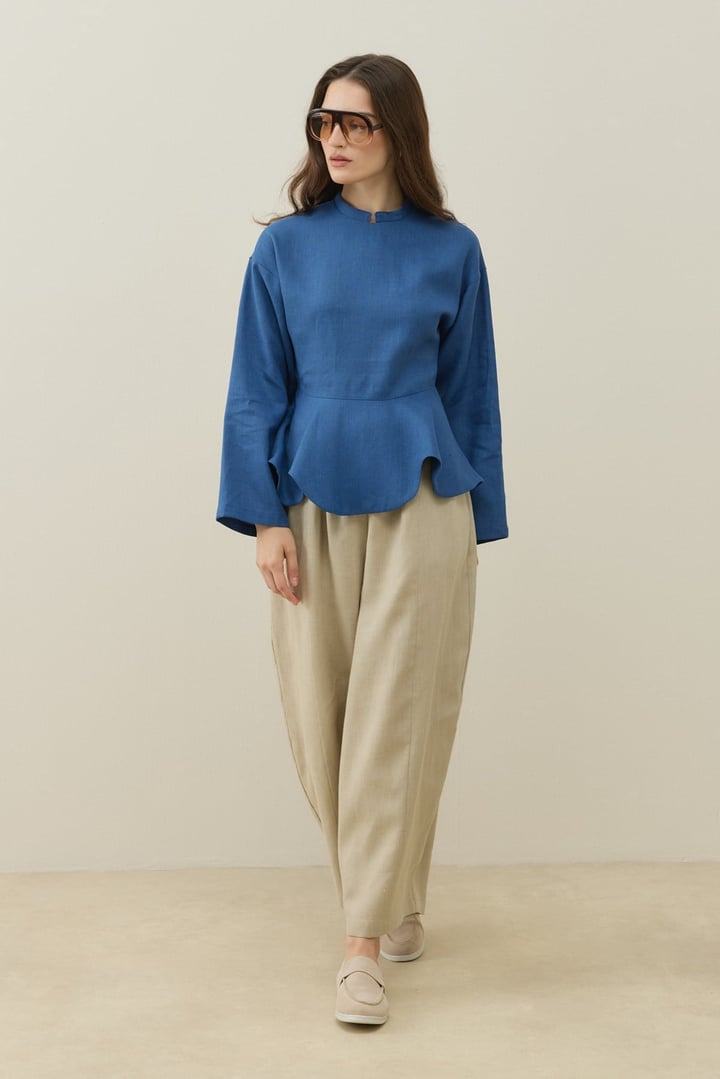 Saks Mavisi Hakim Yaka Peplum Keten Bluz