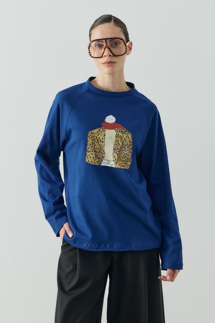 Saks Mavisi Molene Leopard Girl Baskılı Uzun Kol T-shirt