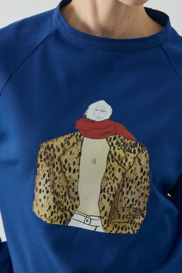 Saks Mavisi Molene Leopard Girl Baskılı Uzun Kol T-shirt