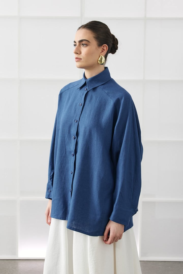 Saks Mavisi Oversize Basic Keten Gömlek