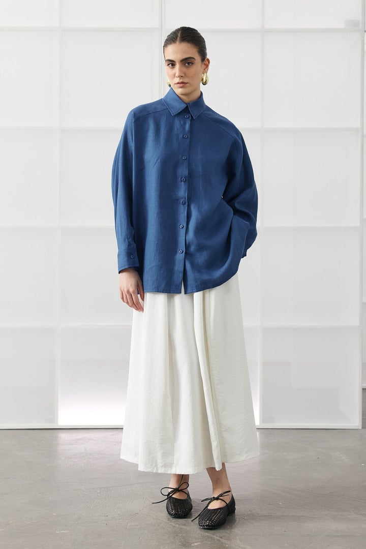 Saks Mavisi Oversize Basic Keten Gömlek