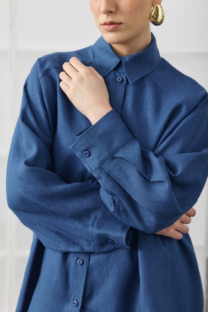 Saks Mavisi Oversize Basic Keten Gömlek