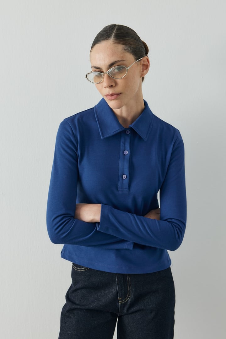 Saks Mavisi Polo Yaka Uzun Kollu T-shirt
