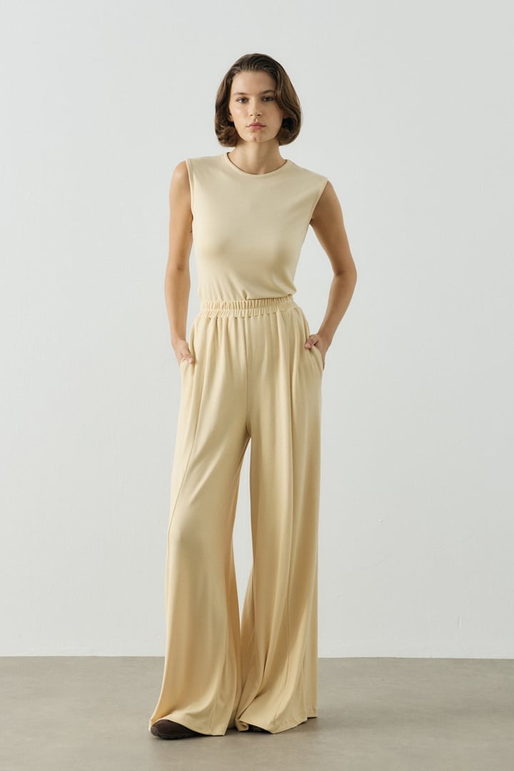 Sarı Basic Bol Paça Dökümlü Pantolon