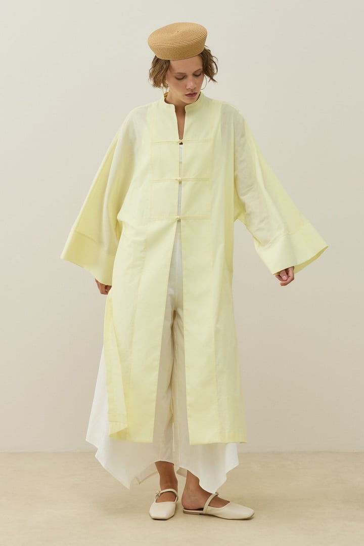 Sarı Hakim Yaka Uzun Vual Kimono