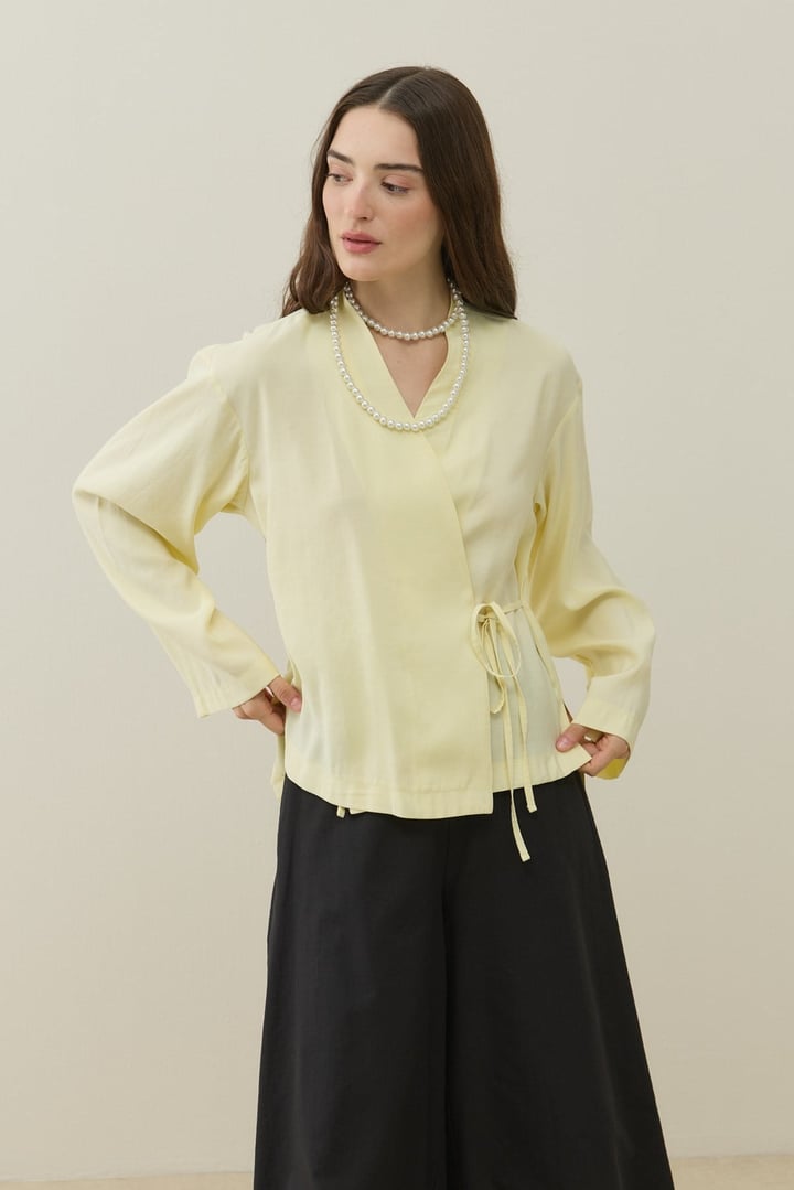 Sarı Kruvaze Bağlamalı Mini Kimono
