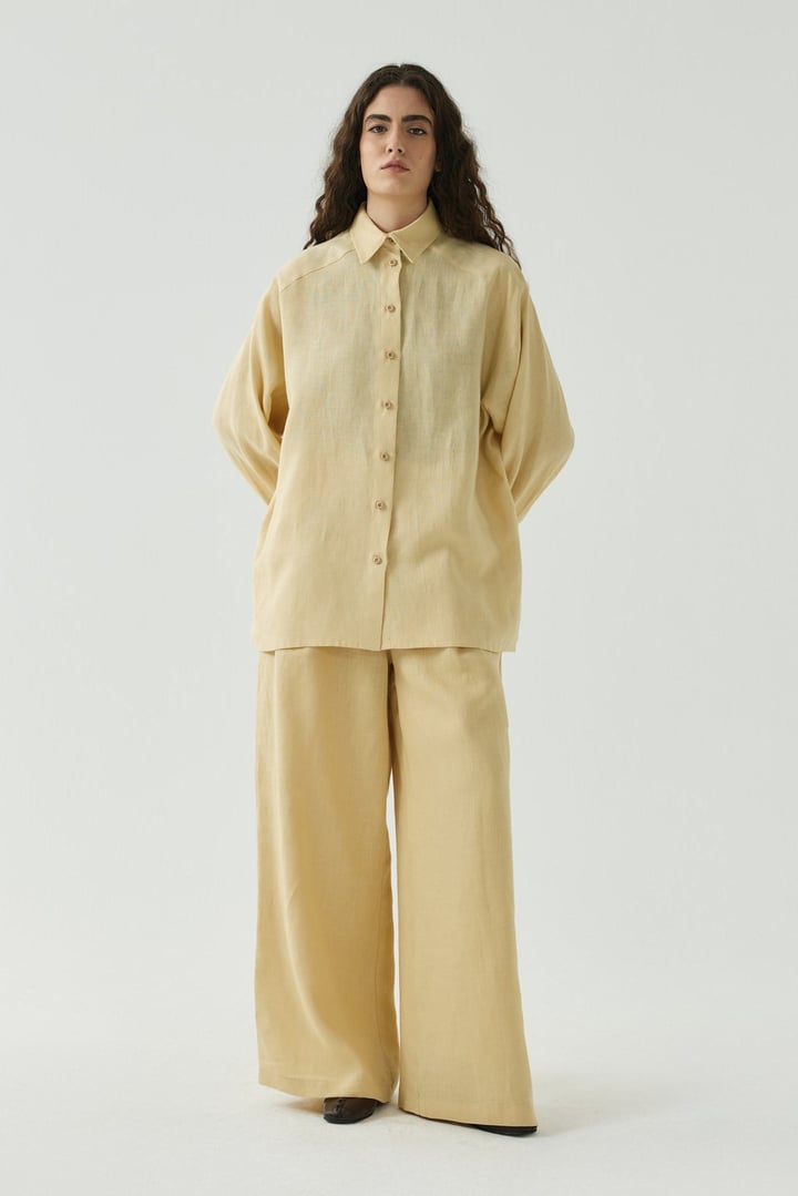 Sarı Oversize Basic Keten Gömlek