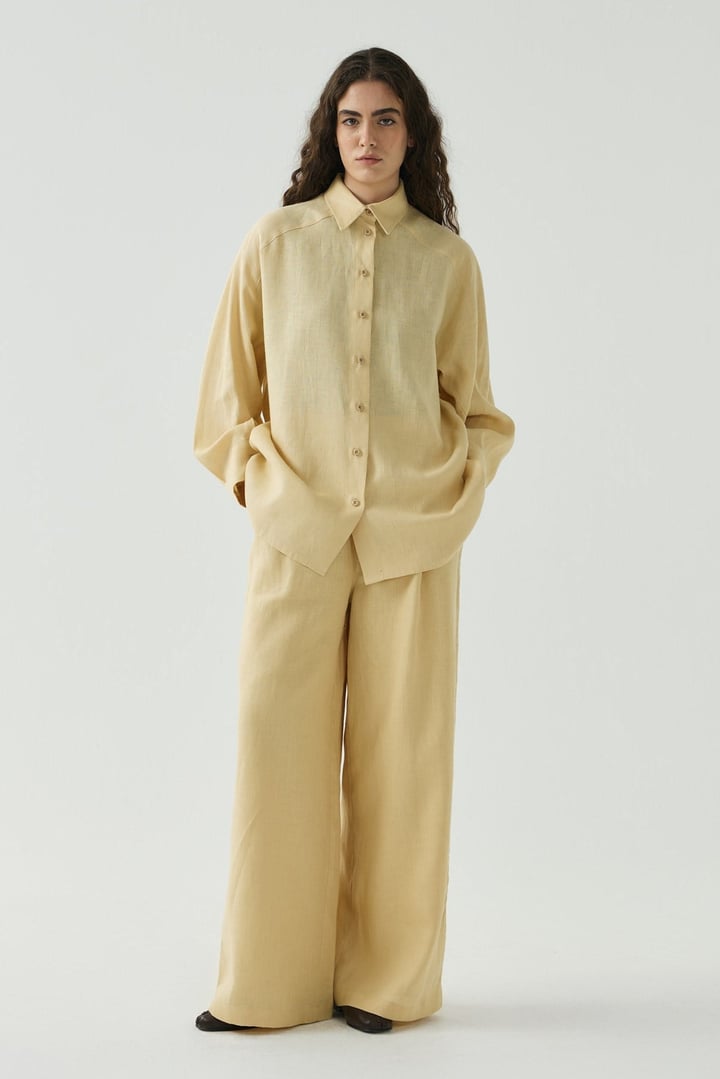 Sarı Oversize Basic Keten Gömlek