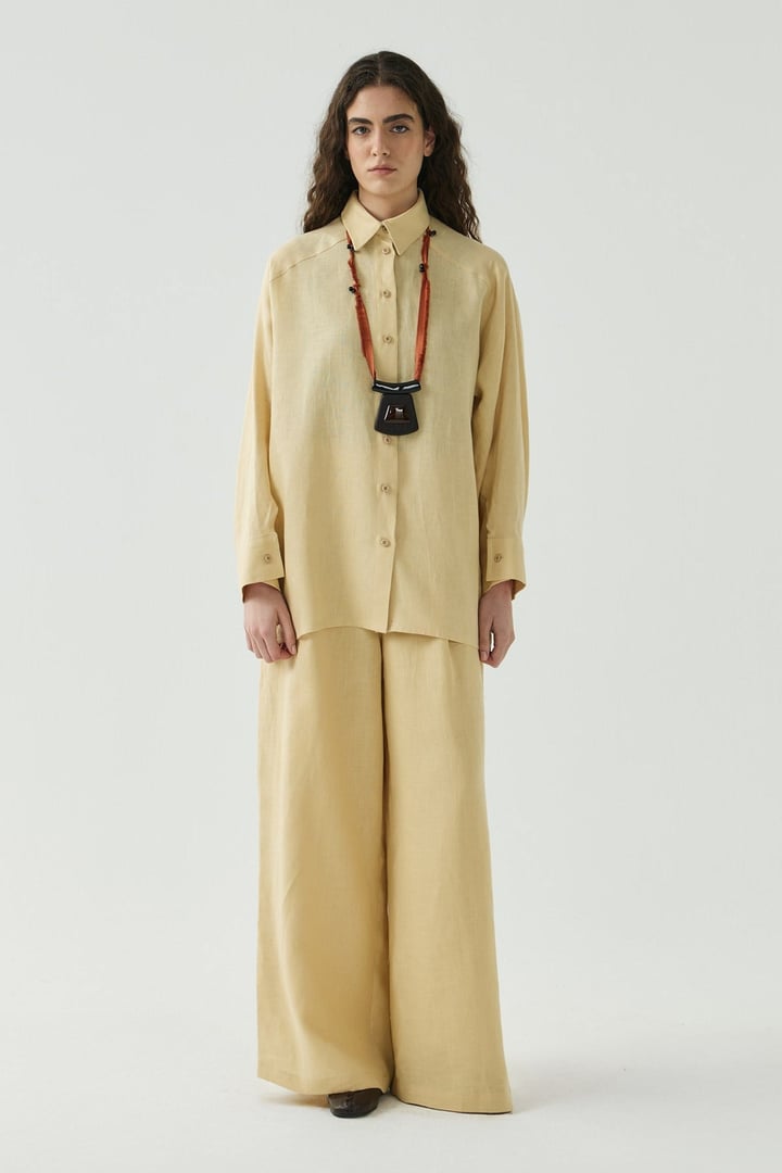 Sarı Oversize Basic Keten Gömlek