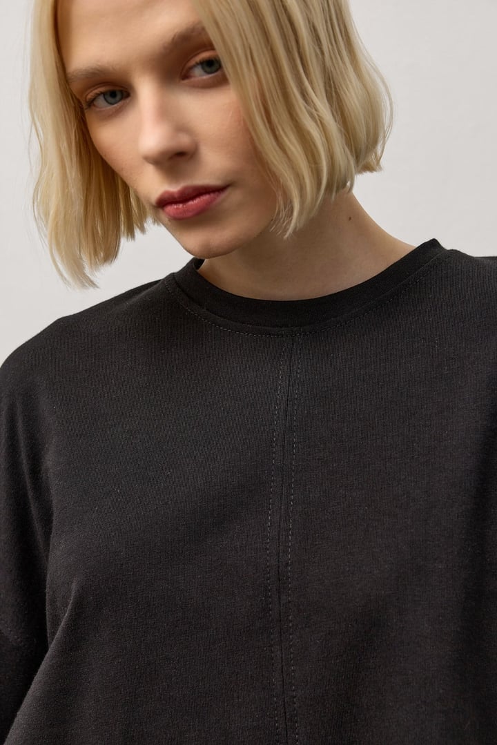 Siyah Dikiş Detaylı Bisiklet Yaka Basic T-Shirt