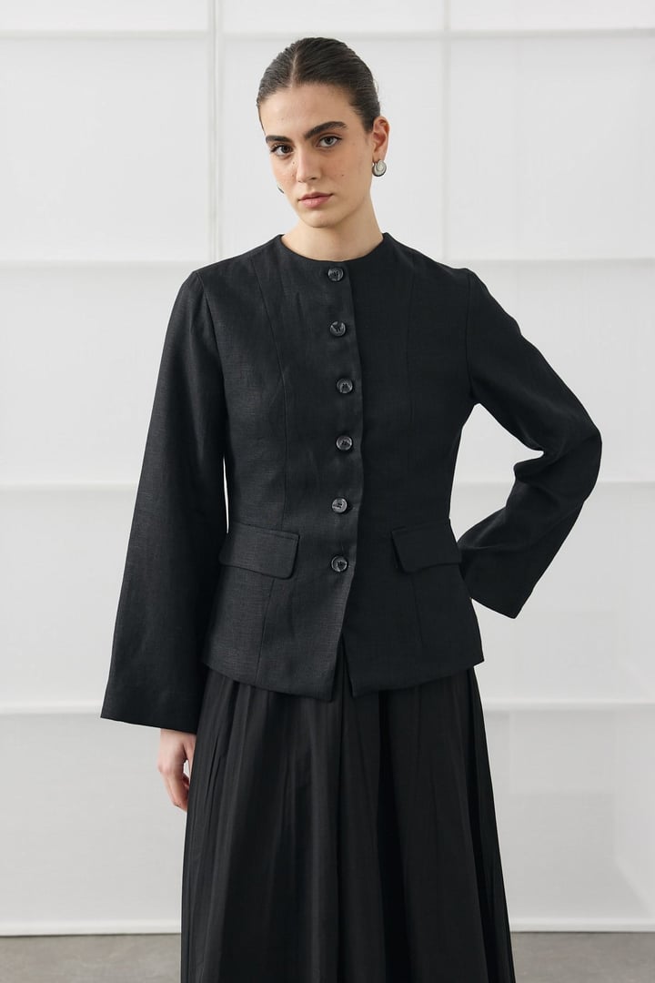 Siyah Keten Blazer Detaylı Elbise
