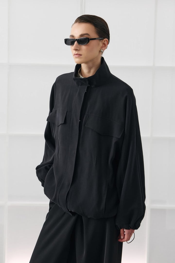 Siyah Oversize Dik Yakalı Bomber Ceket