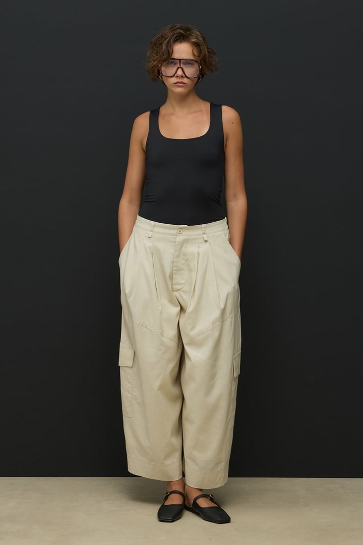 Taş Kargo Cepli Crop Keten Pantolon
