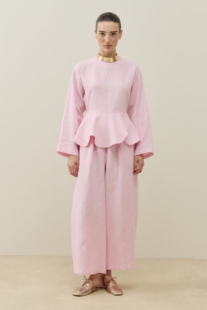 Toz Pembe Hakim Yaka Peplum Keten Bluz