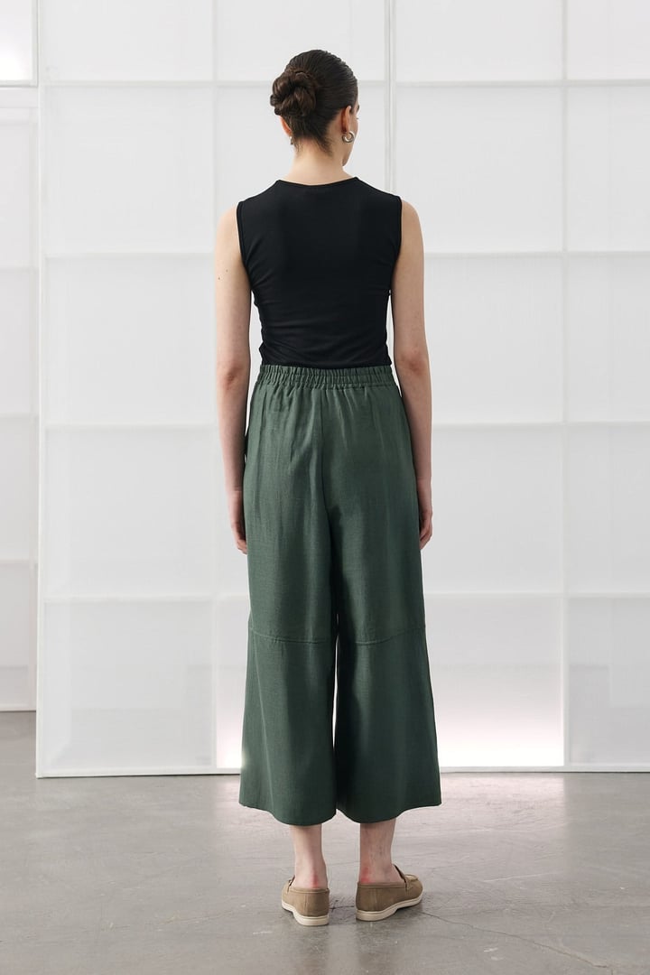 Yeşil Kesik Detaylı Crop Keten Pantolon
