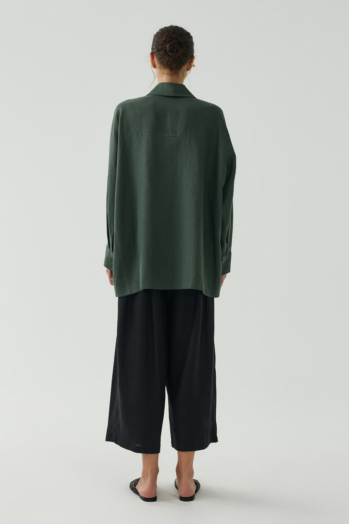 Yeşil Oversize Basic Keten Gömlek