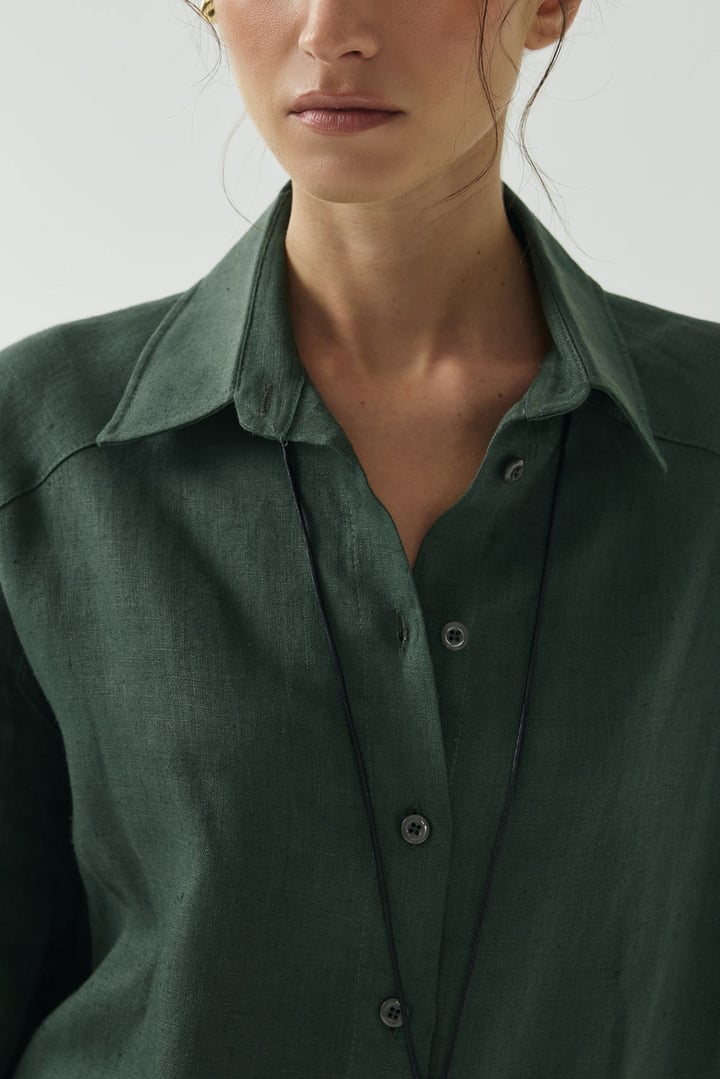 Yeşil Oversize Basic Keten Gömlek