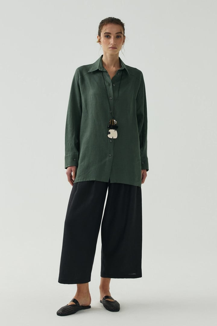 Yeşil Oversize Basic Keten Gömlek