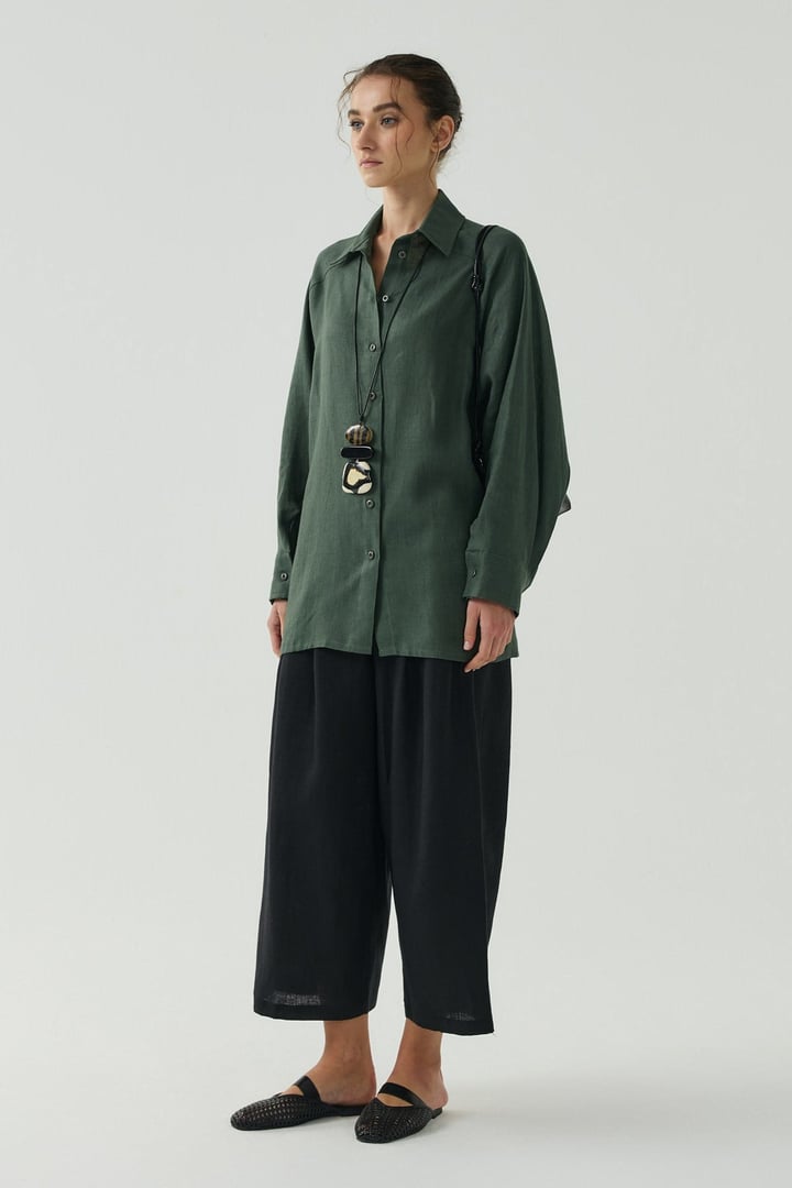 Yeşil Oversize Basic Keten Gömlek