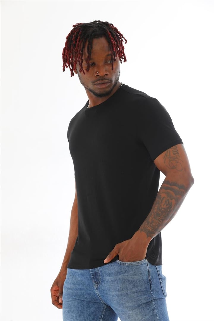 Erkek Slim Fit Modal Likra Basic Kısa Kol T-shirt-Siyah