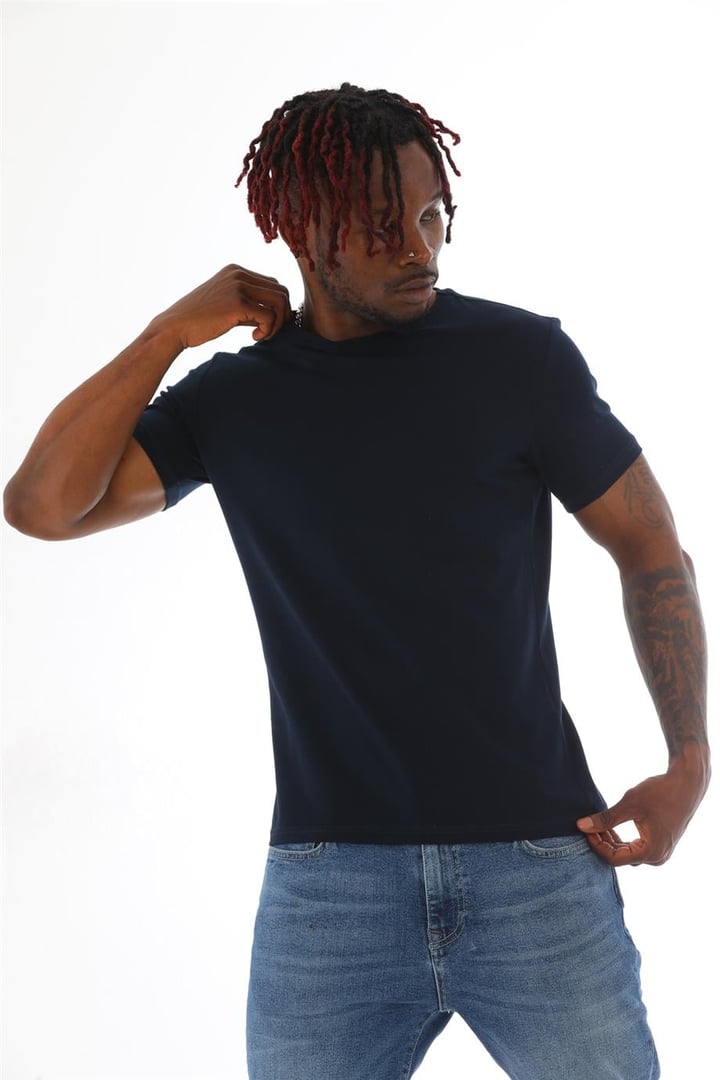 Erkek Slim Fit Pamuk Likra Basic Kısa Kol T-shirt-Lacivert