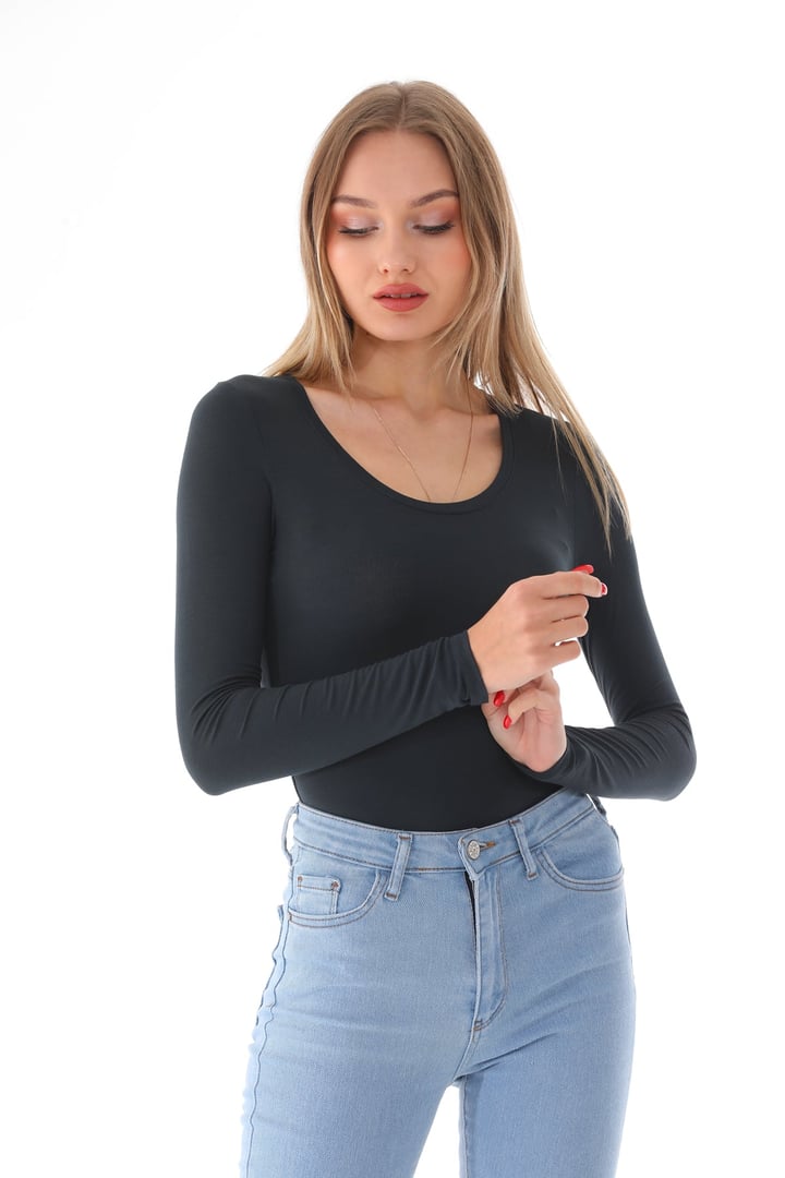 Kadın Viskon Dekolte Yaka Çıtçıtlı Zıbın Body-Füme