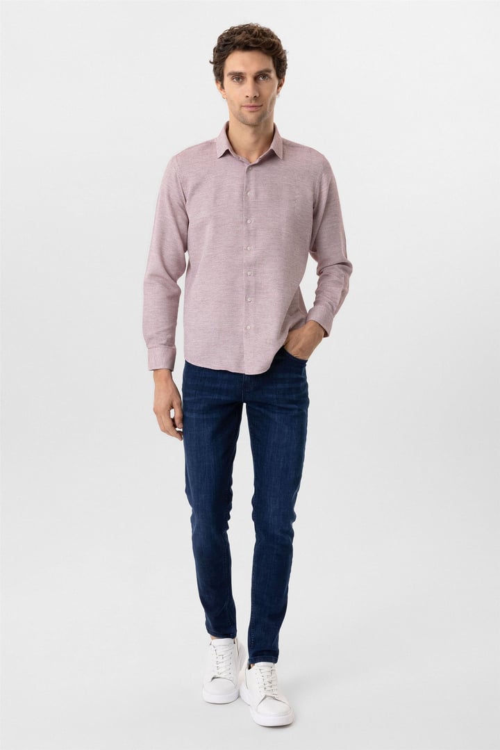 Açık Bordo Slim Fit Armürlü Klasik Yaka Gömlek