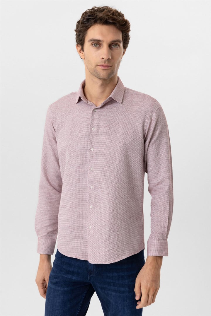 Açık Bordo Slim Fit Armürlü Klasik Yaka Gömlek