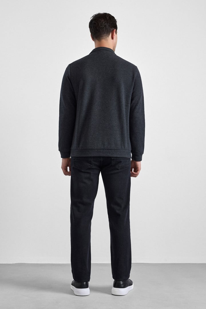 Antrasit Regular Düz Polo Yaka Sweatshirt