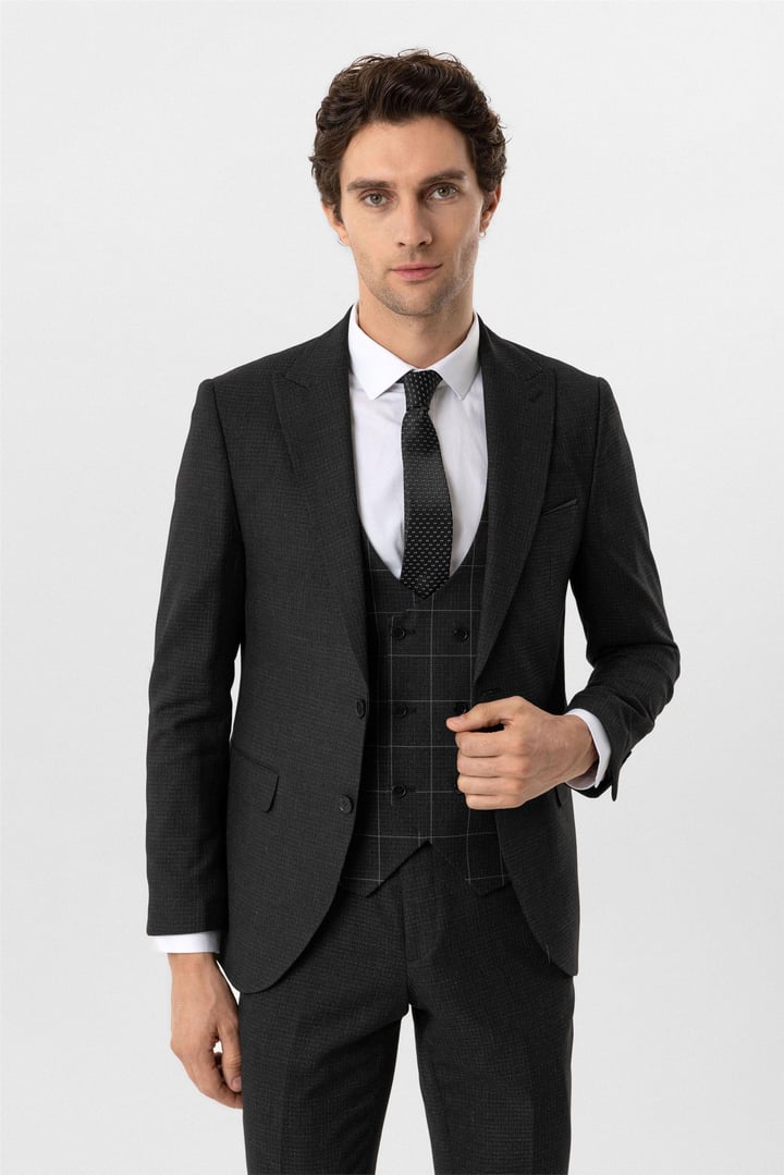 Antrasit Slim Fit Armürlü Sivri Yaka 6 Drop Yelekli Klasik Takım Elbise