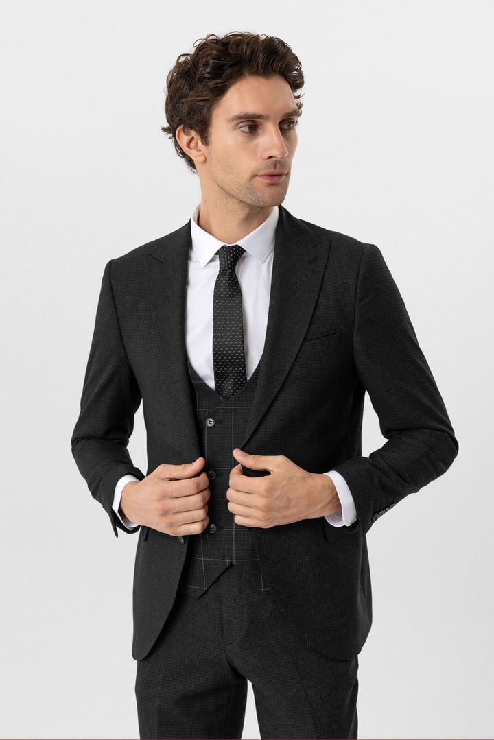 Antrasit Slim Fit Armürlü Sivri Yaka 6 Drop Yelekli Klasik Takım Elbise