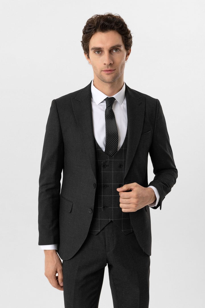 Antrasit Slim Fit Armürlü Sivri Yaka 6 Drop Yelekli Klasik Takım Elbise