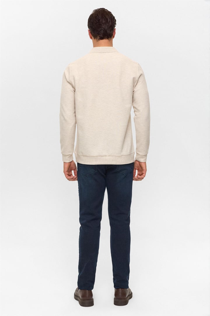 Bej Regular Armürlü Polo Yaka Sweatshirt