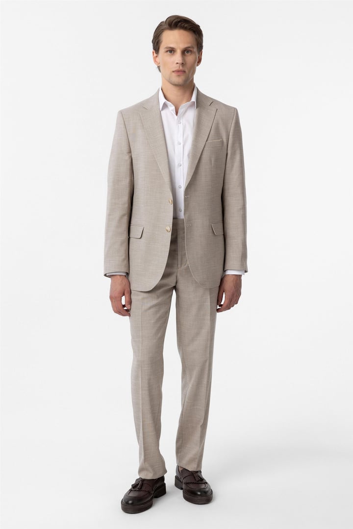 Bej Regular Desenli 6 Drop Klasik Takım Elbise