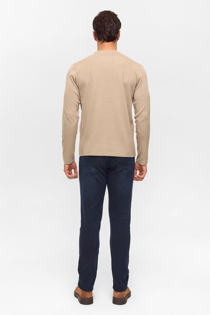 Bej Regular Desenli Bisiklet Yaka Triko Kazak