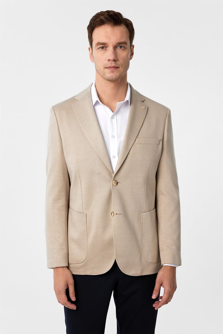 Bej Regular Fit Desenli Mono Yaka 4 Drop Ceket