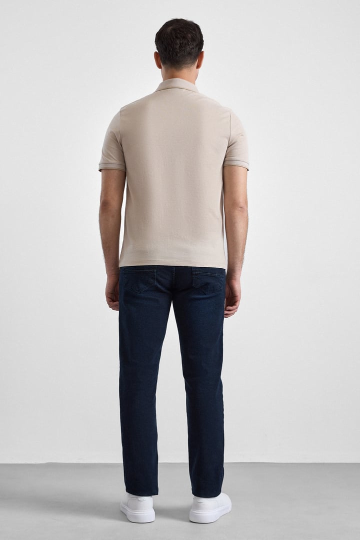 Bej Regular Düz Baskısız Pike Düğmeli Polo Yaka Nefes Alabilen Tişört