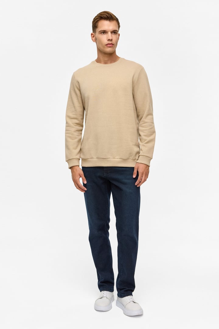Bej Regular Düz Bisiklet Yaka Sweatshirt