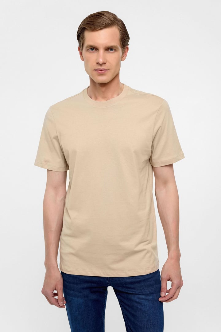 Bej Regular Düz Bisiklet Yaka Tişört