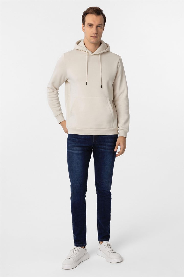 Bej Regular Düz Kapüşonlu Yaka Sweatshirt
