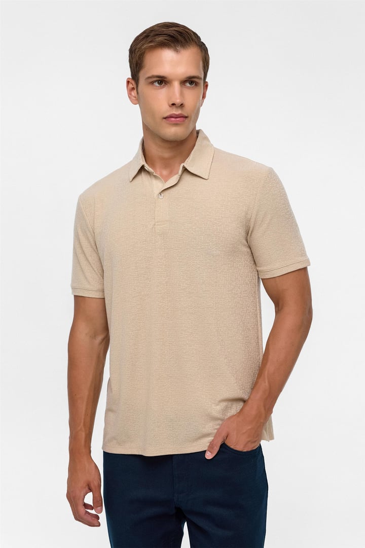 Bej Regular Düz Polo Yaka Tişört