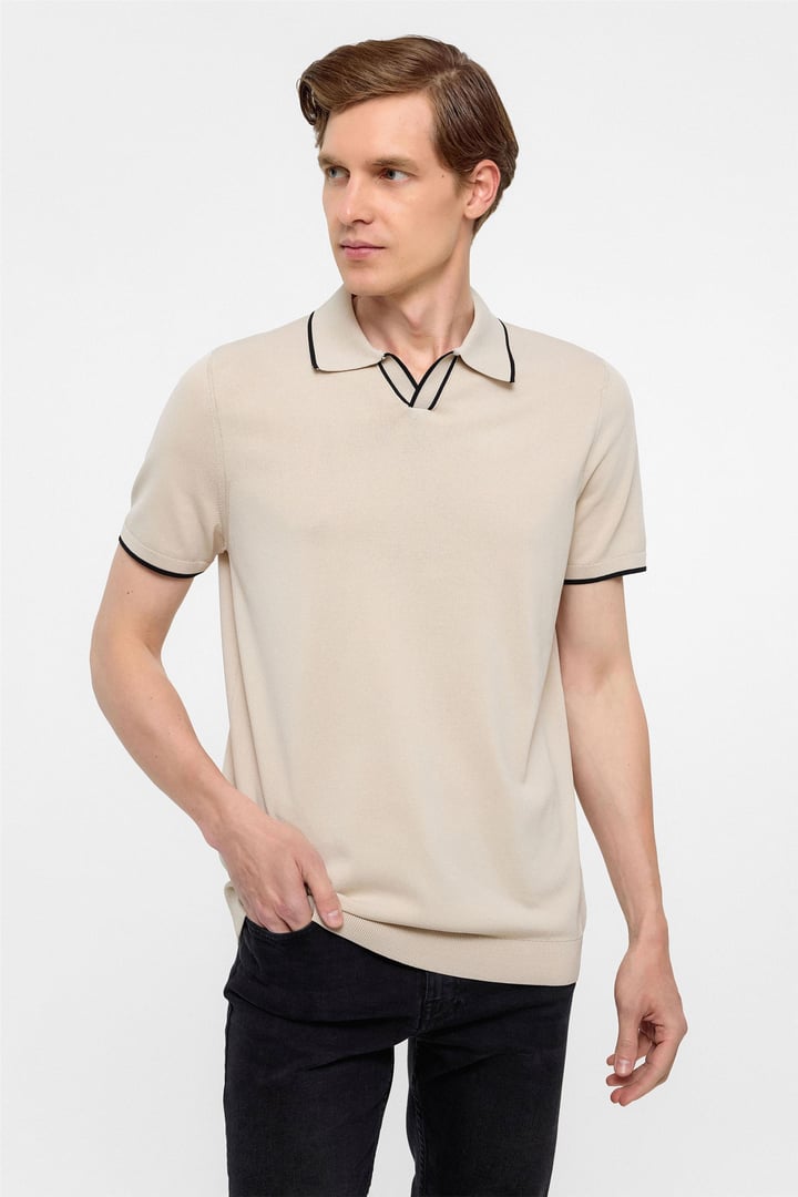 Bej Regular Düz Polo Yaka Triko Tişört 