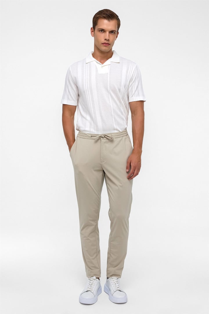Bej Slim Armürlü Jogger Pantolon
