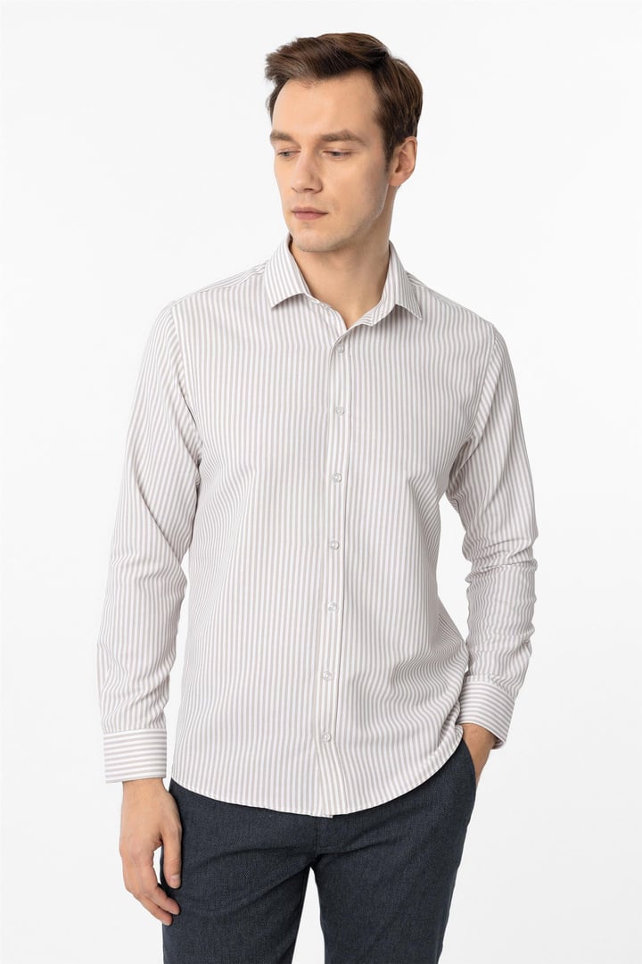 Bej Slim Fit Armürlü Klasik Yaka Çizgili Gömlek